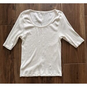 QUINCE Organic Cotton Micro-Rib Elbow Sleeve Tee Cream Sz MED Minimalist Capsule